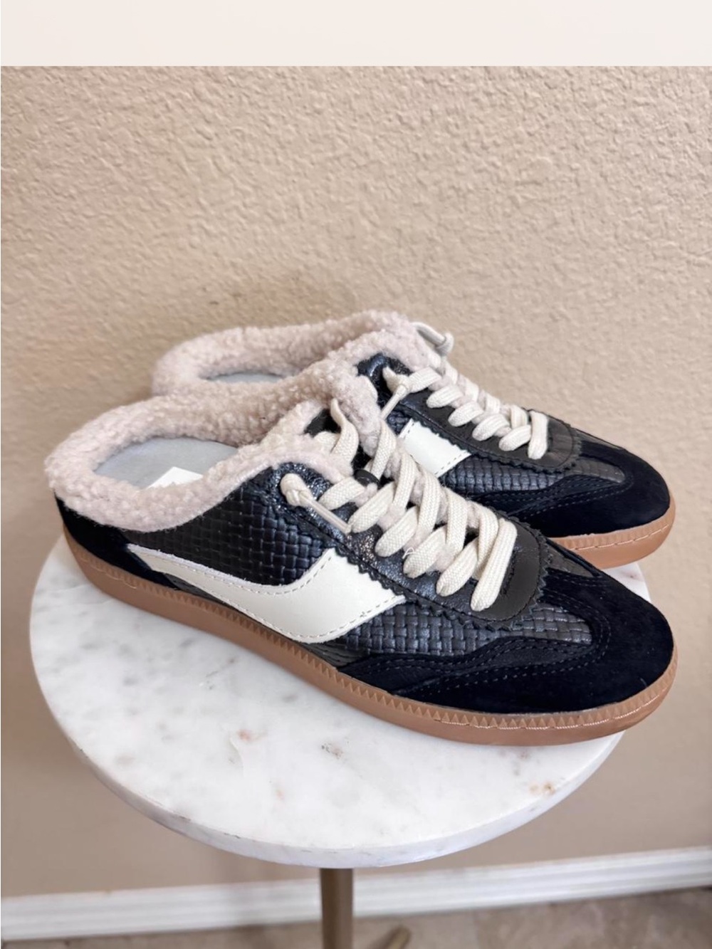 DOLCE VITA Women’s Black & White Faux-Shearling Lined Sneaker Mules